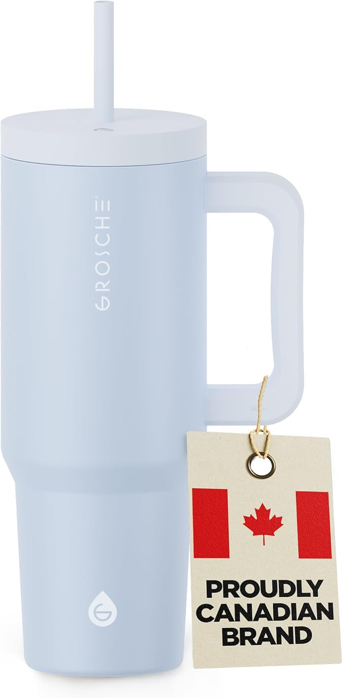 GROSCHE ASPEN 40 oz tumbler with handle and straw. Extreme insulation, classy design, built to last insulated stainless steel tumbler with handle, lid and straw - SLATE BLUE