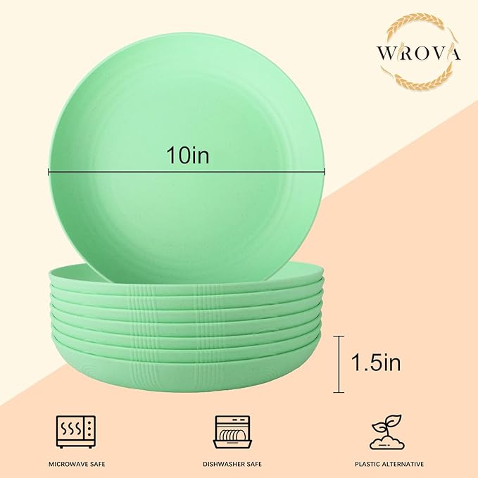Wrova Wheat Straw Plates - 10 Inch Unbreakable Dinner Plates Set of 8 - Dishwasher & Microwave Safe Plastic Plates Reusable for Kitchen and Camping (Light Green)