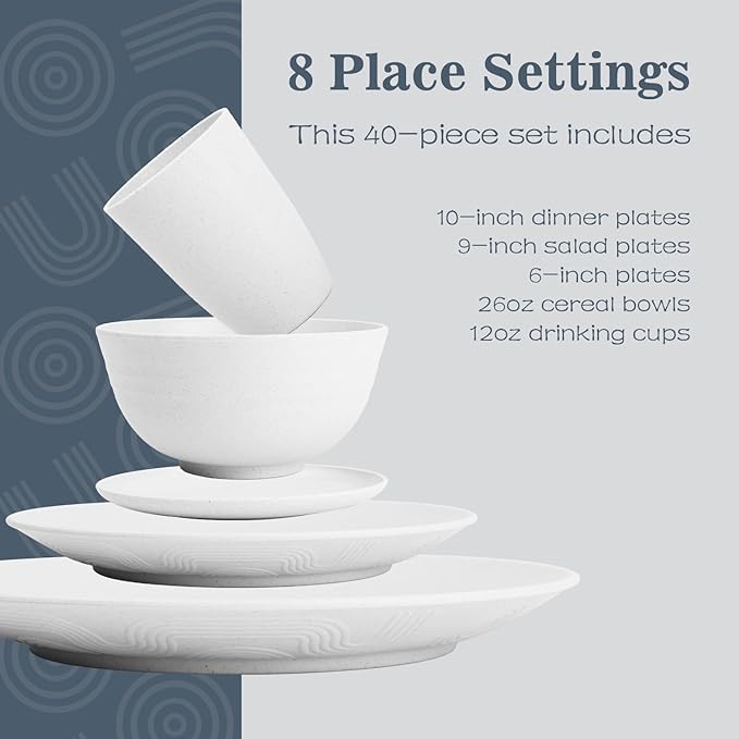 Wheat Straw Dinnerware Sets - 40 PCS Unbreakable Plates and Bowls Sets Service for 8 Kitchen Dishes Set, Dinner Plates, Cereal Bowls, Cups Set Camping Dish Dishwasher & Microwave Safe - White