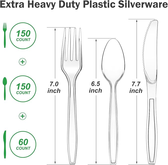 360 Count Extra Heavy Duty Clear Plastic Silverware, 150 Forks, 150 Spoons, 60 Knives, BPA-Free, Heat Resistant, Disposable Plastic Utensils Set, Plastic Cutlery Set, Plasticware Bulk