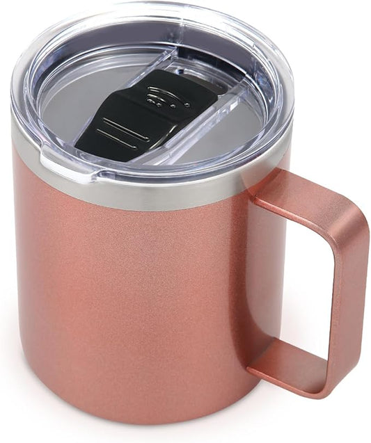 Volhoply 14oz Insulated Stainless Steel Coffee Mug with Leakproof Lid,Double Wall Vacuum Travel Coffee Cup with Handle,Reusable Metal Cups Tumbler, Camping Mugs Keep Hot,Ideal Gifts(Rose Gold,1)