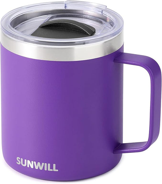 SUNWILL Insulated Coffee Mug with Lid, Travel Tumbler with Handle, 14 oz Stainless Steel Cup for Camping, Office, Home, Powder Coated Purple
