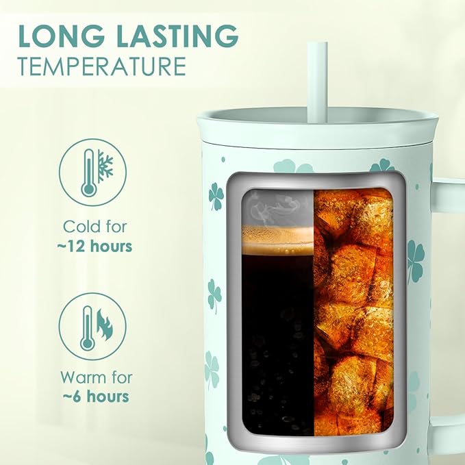 40oz Shamrock Tumbler with Handle and Straw - Insulated Stainless Steel Coffee Travel Mug, Christmas St. Patrick's Day Irish Gifts