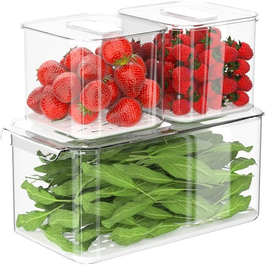 SANNO Fridge Produce Saver Food Storage Bin Containers, Refrigerator Food Fruit Vegetables storage Produce Saver Produce Saver Containers, Stackable Freezer Fridge