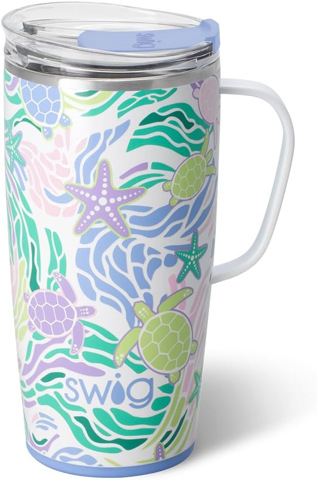 Swig Life 22oz Travel Mug, Insulated Tumbler with Handle and Lid, Travel Coffee Mug, Cup Holder Friendly, Stainless Steel 22 oz Tumbler, Reusable Insulated with Lid (Sea Swirl)