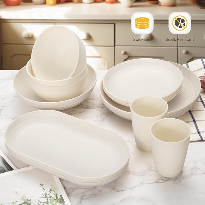 Lazycorner 48-Piece Wheat Straw Dinnerware Sets for 8, Unbreakable Reuasble Dinner Dishes Serving Plate Set for Kitchen, Including Plastic Dinner Plate, Dessert Plate, Bowl, Cup(Beige)