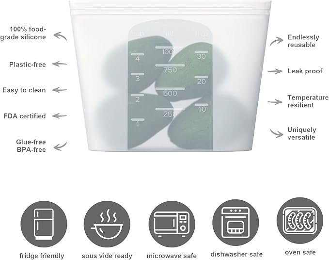 Reusable Silicone Food Storage Bag, for Microwave, Oven, Fridge, Freezer & Sous Vide Zip Sealed Containers (2 Middle size 32oz 1000ml)…