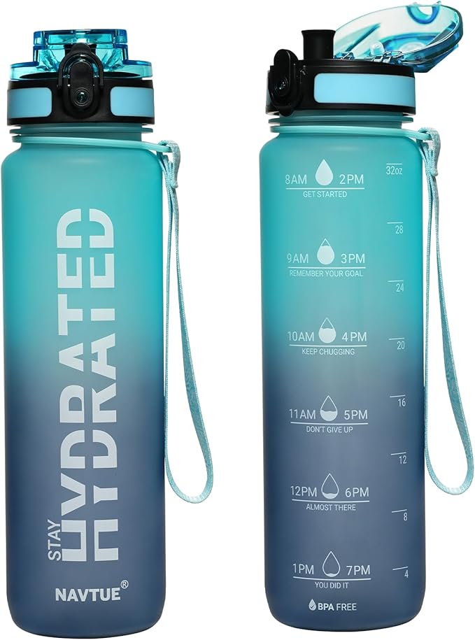 Water Bottle, 32 oz Sports Water Bottles with Time Marker Wide Mouth, Motivational and Leakproof Drink Bottle, BPA Free Tritan with Carry Strap for Gym Fitness Outdoor(Direct Drink 1 Bottle)