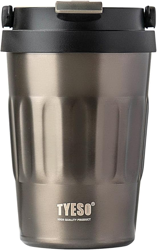 TYESO Stainless Steel Portable Tumbler with Flip Lid,Travel Mug with Concealed Carry Handle, Leakproof Insulated Coffee Cup (GRAY, 13 OZ)