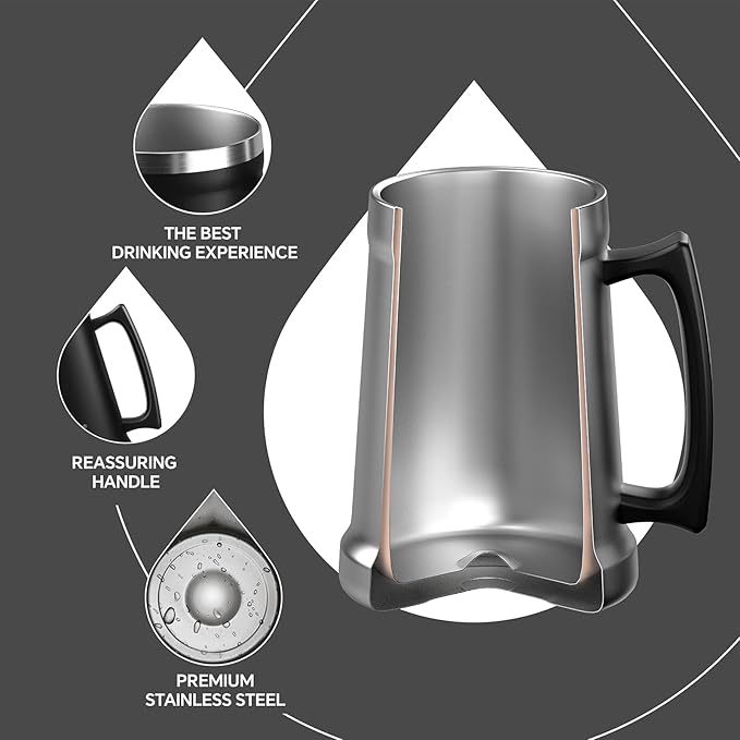 Ideus Insulated Beer Stein, 24/32oz Stainless Steel Double Walled Beer Mug Giant Bar Drinkware Metal Beer Cup with Big Grip Handle (34oz (1,000ml), Black)