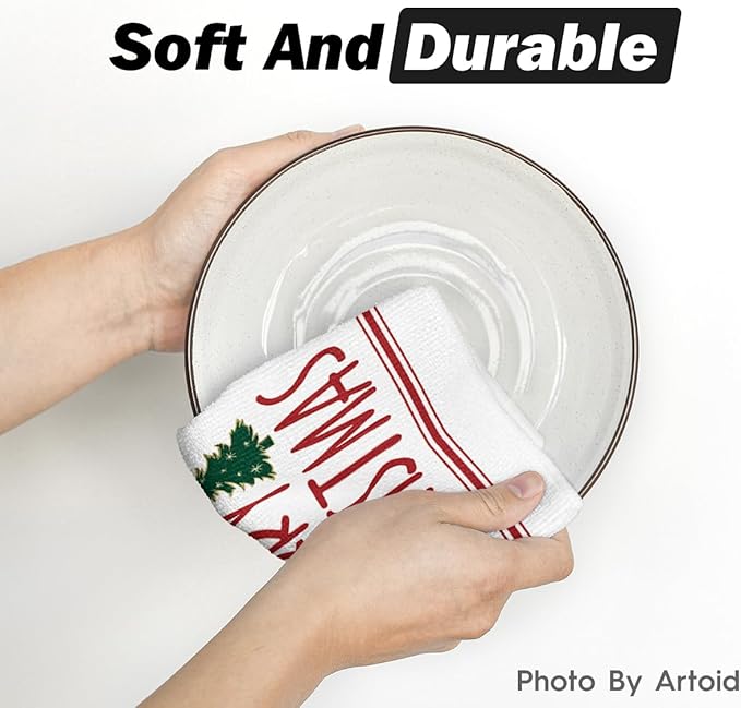 Artoid Mode Red Xmas Tree Merry Christmas Kitchen Towels Dish Towels, 18x26 Inch Farmhouse Star Snowflakes Decoration Cleaning Set of 2