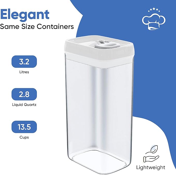 Chef's Path Large Airtight Food Storage Containers with White Lids, Set of 4, 3.2L, 109Oz, Kitchen and Pantry Canisters for Pasta, Cereal, Noodles, and Flour Storage - Transparent