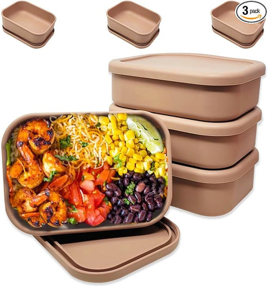 Perfect Portion 3-Pack Silicone Bento Boxes - Leakproof, Single-Compartment Lunch Containers, BPA-Free, Dishwasher, Oven & Fridge Safe, Dry Erase Marker Friendly - Tan
