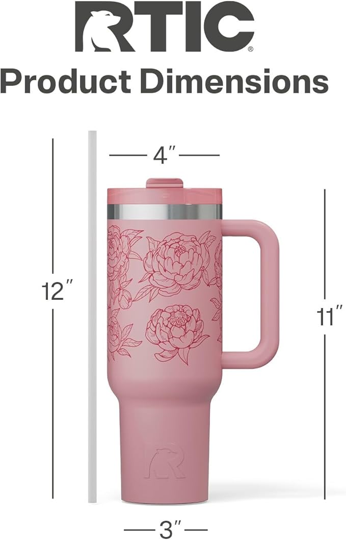 RTIC 40 oz Road Trip Tumbler Double-Walled Cermaic Lined Insulated Stainless Steel Portable Travel Coffee Mug Cup with Lid, Handle and Straw, Pink Peonies
