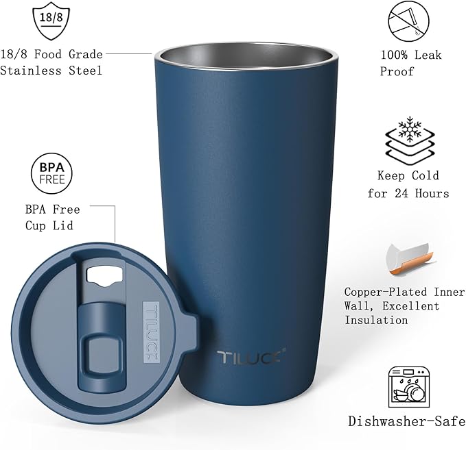 TILUCK 20 oz Tumbler with Leak-Proof Lid, Vacuum Insulated Stainless Steel Coffee Mug, Double-Walled Travel Tumbler for Hot and Cold Drinks(DarkBlue, 20oz)
