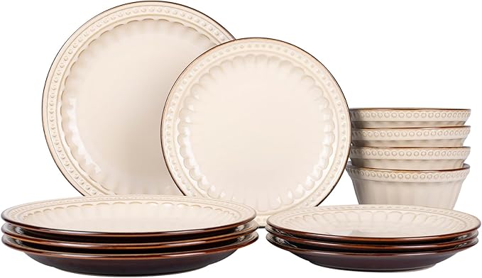 Dinnerware Set Cream White 12 Pieces Service for 4, Stoneware Plates and Bowls Set Stoneware Set, Dishwasher Microwave Safe Dishes set