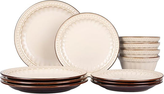 Dinnerware Set Cream White 12 Pieces Service for 4, Stoneware Plates and Bowls Set Stoneware Set, Dishwasher Microwave Safe Dishes set