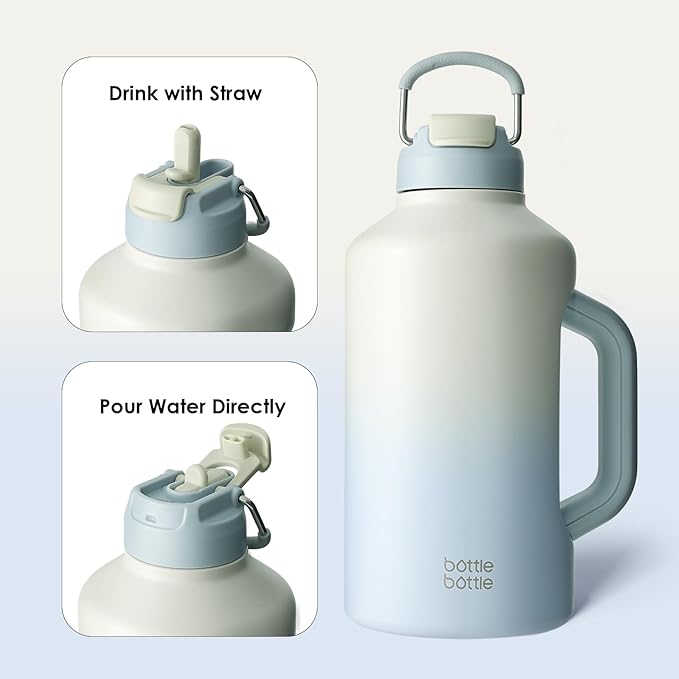 BOTTLE BOTTLE Insulated Water Bottle 64 oz with Straw and Dual-use Lid Stainless Steel Water Bottle with Handle Vacuum for Workout and Sports gray blue