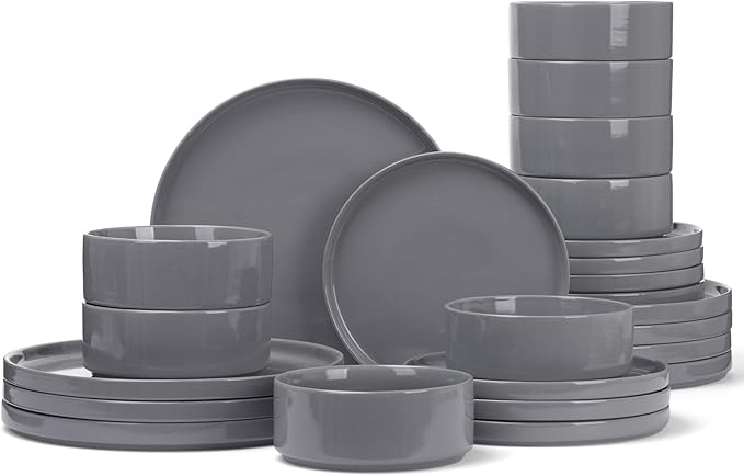 Famiware Nebula Plates and Bowls Set, 24 Pieces Dinnerware Sets, Dishes Set for 8, Dark Gray