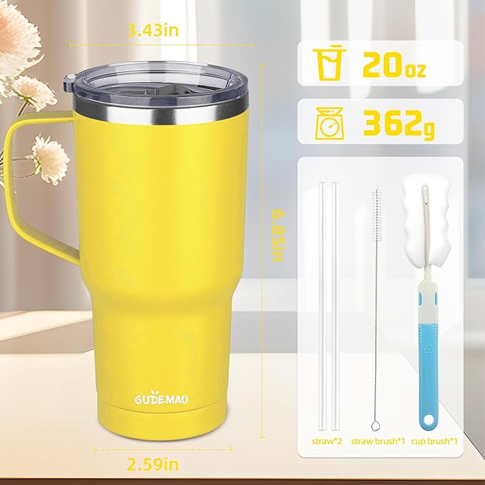 20 oz Insulated Coffee Mug with Ceramic Coating, Stainless Steel Travel Mug Tumbler with Handle Lid and Straw, Double Wall Leak-Proof Coffee Travel Mug Keeps Drink Hot and Cold (Orange)