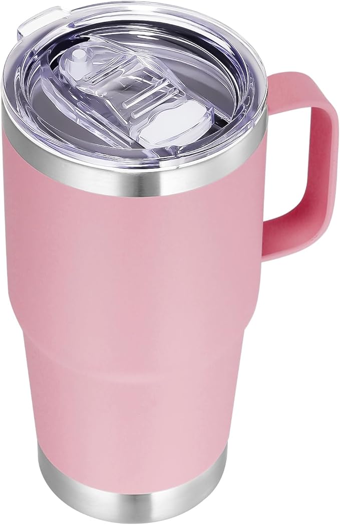 VEGOND 20 oz Tumbler with Handle Lid and Straw, Stainless Steel Insulated Travel Coffee Mug Spill Proof Double Wall Metal Tumbler Cup Keeps Drink Hot and Cold, Pink 1 Pack