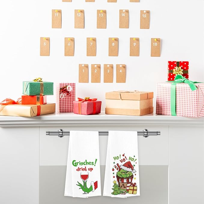 Christmas Kitchen Decor,Christmas Hand Kitchen Towels Set of 2,Hot Cocoa Xmas Tree Drink Up Towels Ho Ho Ho Baking Cooking Cloth,Funny Holiday Winter Home Kitchen Decoration 14 x 23 Inches