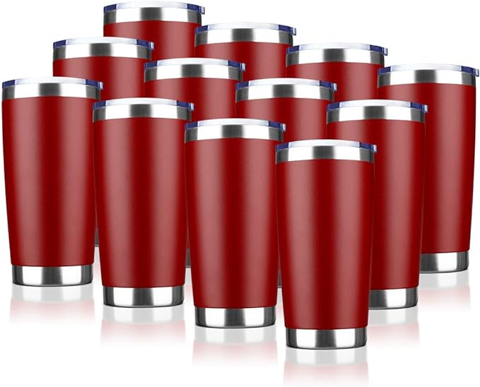 20oz Tumbler Bulk Stainless Steel Vacuum Insulated Tumblers with Lid Double Wall Travel Mug, Durable Powder Coated Coffee Cup, Suitable for Ice Drinks and Hot Beverage (Red 12pack)