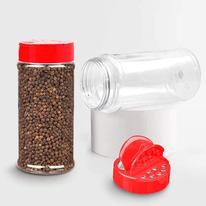RoyalHouse 6 Pack 16 Oz Plastic Spice Jars with Red Cap, Clear and Safe Plastic Bottle Containers with Shaker Lids for Storing Spice, Herbs and Seasoning Powders, BPA Free, Made in USA