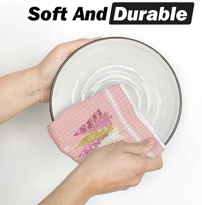 Artoid Mode Pink Star Xmas Tree Merry Christmas Bar Kitchen Towels, 12x24 Inch Quick Dry Microfiber Cloth Dish Towels for Kitchen Drying Set of 2