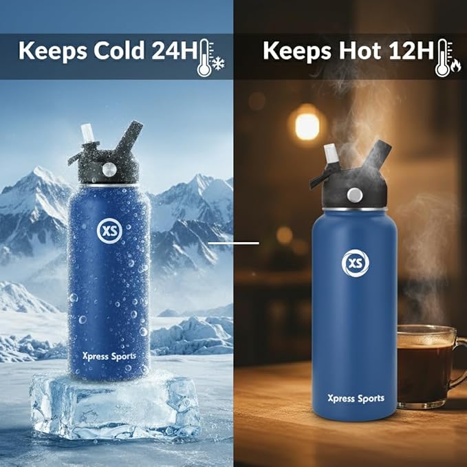 32oz Insulated Water Bottle with Straw & Handle- 24hr Cold/12hr Hot, Leakproof Stainless Steel Metal Bottle for Gym, Travel & Sports