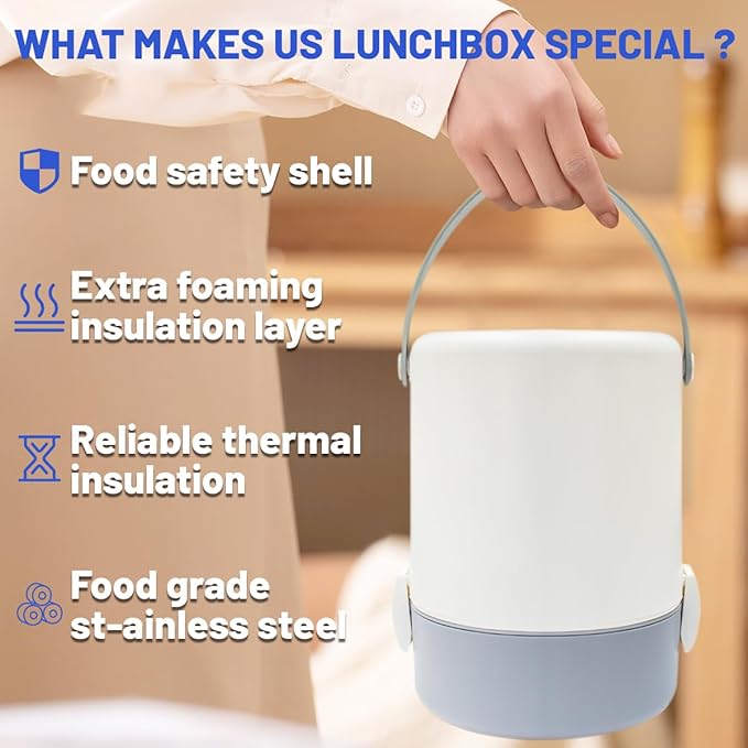 60.87oz Insulated Soup Container,Thermos Container For Hot Food,Contains 3 Tier Stainless Steel Leak Proof Stackable Thermal Food Jar,lunch box Containers For Office Picnic Travel Outdoors (White)