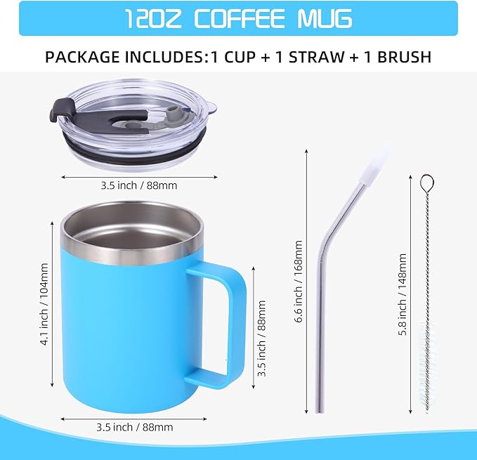 Volhoply 12oz Insulated Leakproof Coffee Mug with Flip & Straw Lid Bulk 2 Pack,Double Wall Vacuum Stainless Steel Travel Tumbler Cup with Handle,Reusable Camping Mugs Keep Cold/Hot(Blue,2 Set)
