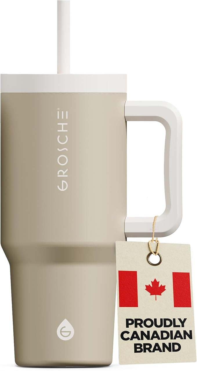 GROSCHE ASPEN 32 oz Tumbler with Handle and Straw. Extreme Insulation, Classy Design, Built to Last Insulated Stainless Steel Tumbler with Handle, Lid and Straw - Sand Beige