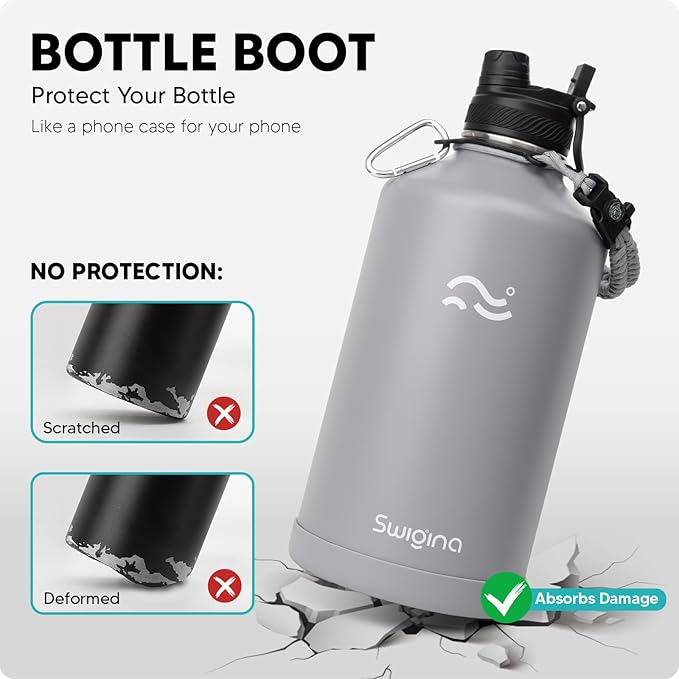 [2-IN-1 LID] Gallon Insulated Water Bottle with Silicone Boot (48hrs Cold/24hrs Hot) - DIY Stickers, Leakproof, BPA Free, 128 oz
