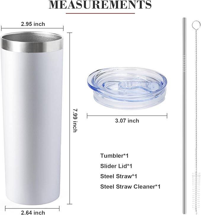 20 oz Skinny Tumbler with Lid and Straw,Stainless Steel Vacuum Insulated Tumbler Cup Double Wall Leak-proof Coffee Mug,Travel Thermal Water Tumbler for Home,Office,Outdoor(White,1)