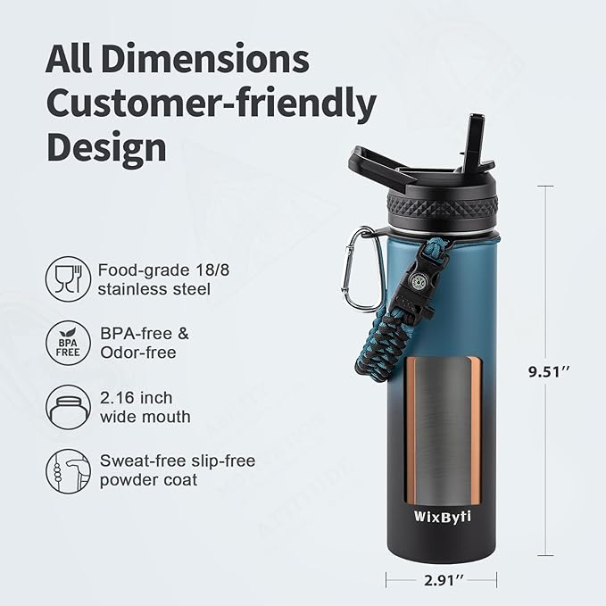 20 oz Insulated Water Bottle with Straw (Cold for 48 Hrs), Stainless Steel Triple Wall Vacuum Sports Water Jug, Leakproof Hydro Cup Flask with Paracord Handle & Straw Spout Lids & DIY Stickers