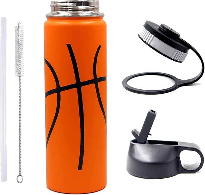 22 oz Basketball Water Bottle, Metal Thermo Travel Tumbler Sports Flask with 2 Lids, Stainless Steel Double Wall Vacuum Insulated Leak Proof Water bottles, Basketball Accessories Gifts for Boys Girls