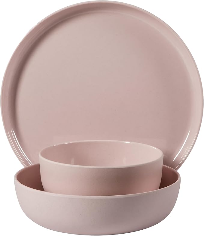 Gibson Home Candy Skies 12 Piece Unbreakable Wheat Straw Melamine Plates and Bowls Dinnerware Set - Outdoor, Camping, & Everyday Use - Matte Exterior/Shiny Interior Pink