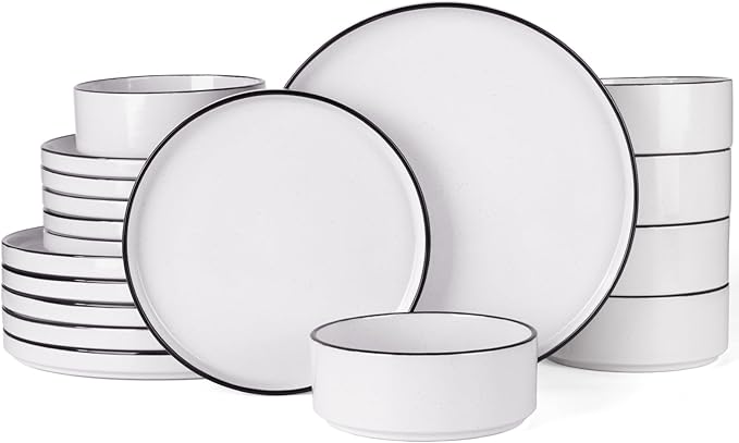 Famiware Nebula Plates and Bowls Sets, 18 Pieces Dinnerware Sets, Dishes Set for 6, White with Black Rim