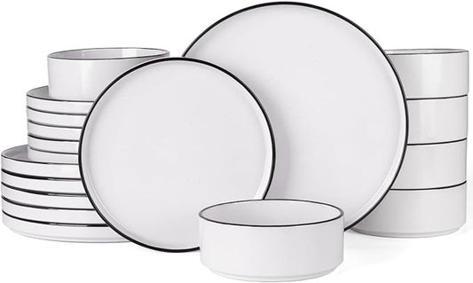 Famiware Nebula Plates and Bowls Sets, 18 Pieces Dinnerware Sets, Dishes Set for 6, White with Black Rim