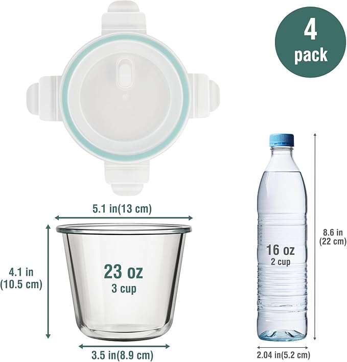 3 Cup Glass Meal Prep Containers With Turquoise Lids, Airtight 23oz glass Storage Container Set, Heat-Resistant BPA-Free for feeding the Southern Starter, Microwave, Dishwasher, Freezer Safe (4 Packs)