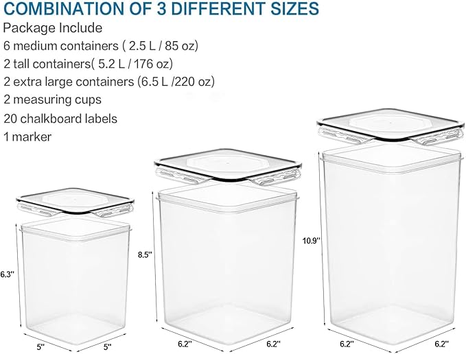VERONES Large Tall Airtight Food Storage Containers, 10 PACK Plastic Airtight Kitchen & Pantry Organization, Ideal for Flour & Sugar Plastic Canisters with Labels