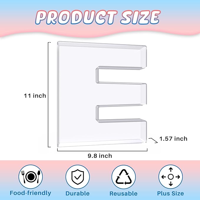 11" Acrylic Letter Charcuterie Box, Reusable Fillable Alphabet Number Shaped Form Tray for Birthday Anniversaries, Party Decorative Serving Plates Display Candy Cake (E)