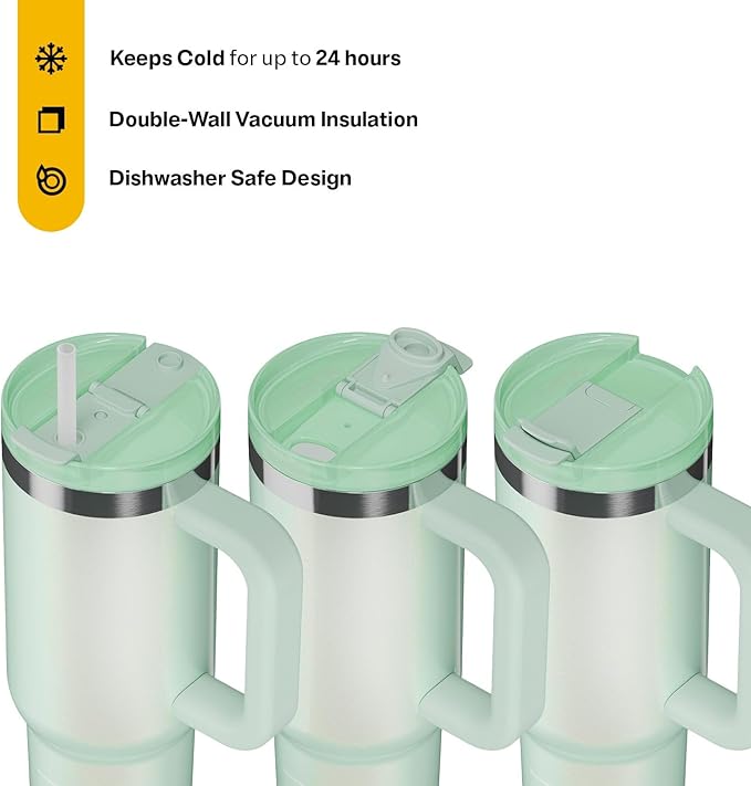 RTIC 30 oz Road Trip Tumbler Double-Walled Ceramic Lined InsulatedStainless Steel Portable Travel Coffee Mug Cup with Lid, Handle and Straw, Fresh Mint Glitter