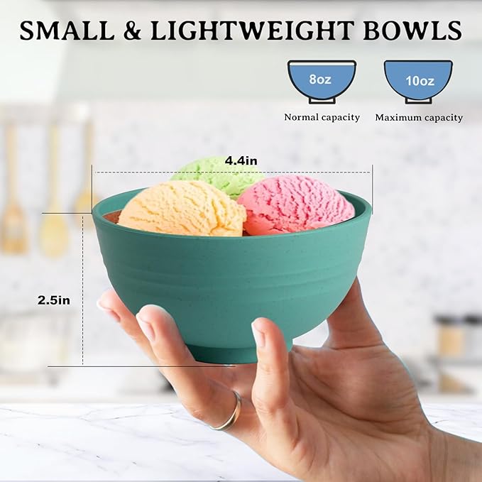 Wheat Straw Bowls Set of 8, Microwave and Dishwasher Safe, Unbreakable and Lightweight Small Bowl for Snack, Yogurt, Dessert Bowls for Kitchen, Picnic, Party (Green, 10 OZ)