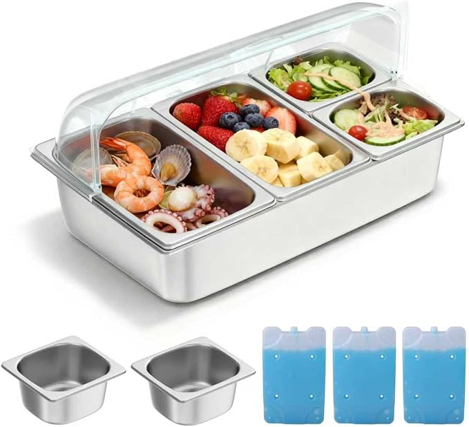 Stainless Steel Countertop Food Serving Display Container with Clear Roll Top Cover - Ice Food Serving Tray for Buffet, Restaurant, Kitchen, or Party(6 Pans 2 Sizes)