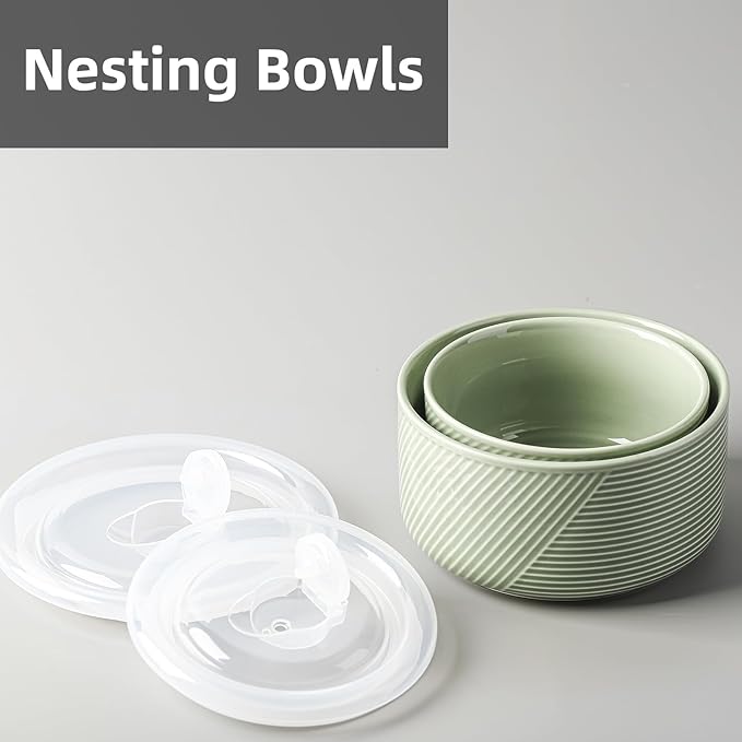 Ceramic Nesting Bowls with Lid: Microwave Safe Food Storage Containers for Work Lunch Picnic Camping Meal Prep Soup Salad Cereal Leftovers - 5 & 6 Inch, 20 & 32 oz, Set of 2, Green