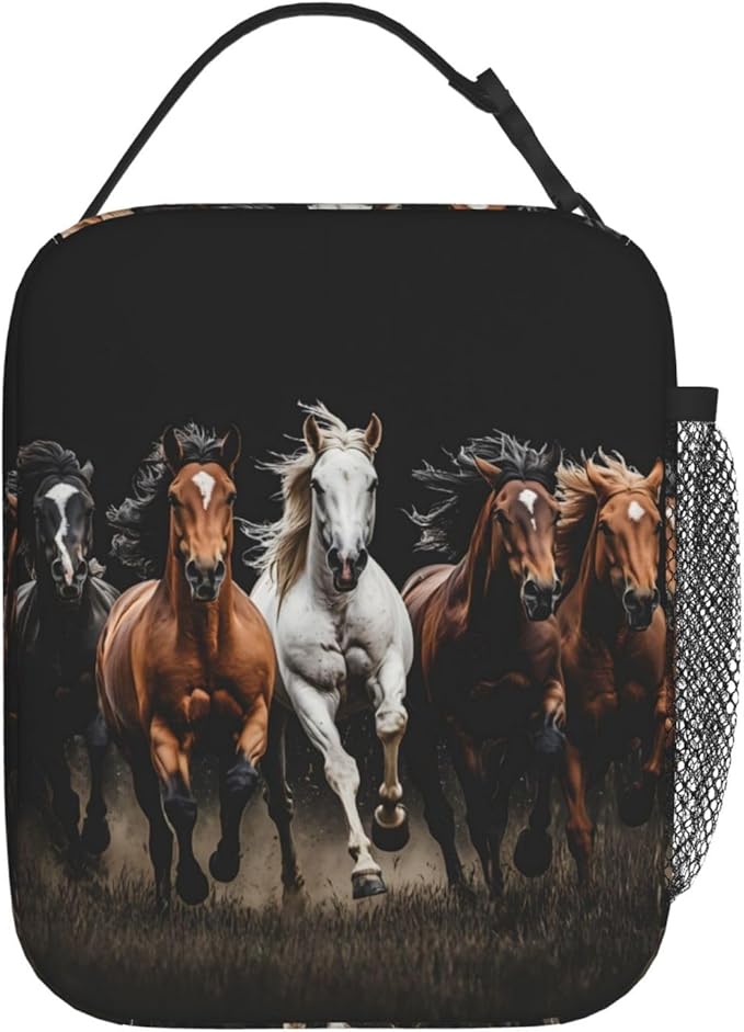 Wild Horse Lunch Bag, Polyester Tote Bags with Horses on Black Background, Insulated Lunchbox, Portable Lunchbag Decor Gifts for Work, Picnic, School, Travel, Hiking, Beach or Fishing
