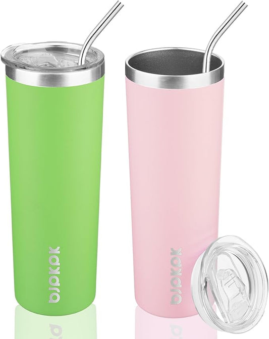 BJPKPK 20 oz Skinny Tumbler with Lid 2 Pack Slim Insulated Travel Coffee Cup Stainless Steel Thermal Mug,Green,Light Pink
