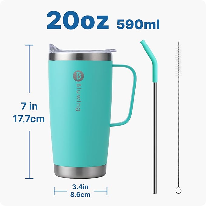 20 oz Insulated Tumbler with Handle Stainless Steel Travel Coffee Mug with Lid and Straw, Double Wall Tumbler Cups for Women and Men, BPA Free (Teal)